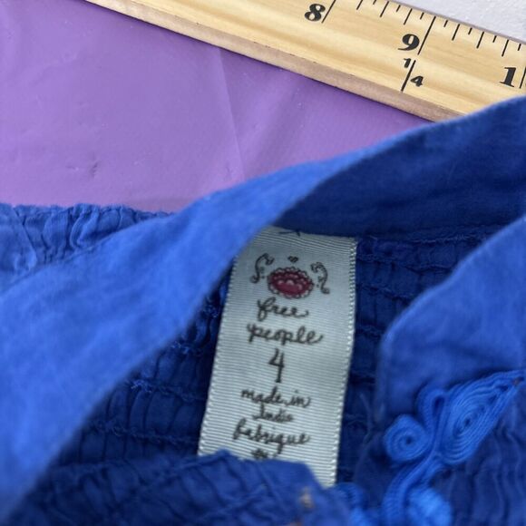 Free People Smocked Embroidered Ruffles Tunic Royal Blue Sz 4 - Picture 4 of 13